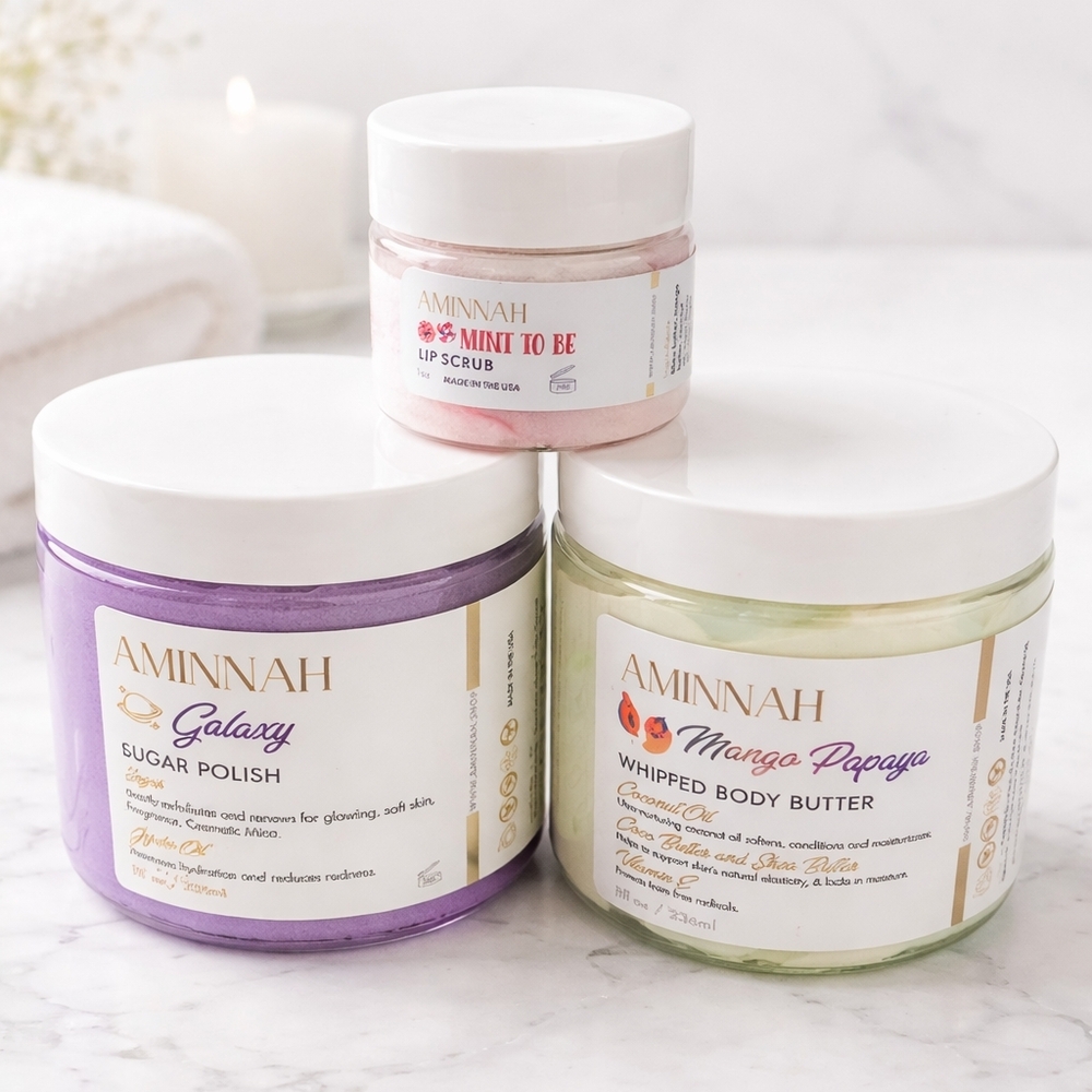 🌸 Aminnah 3-Piece Selminnah Exfoliant & Body Butter Trio - Purple, Pink, Green